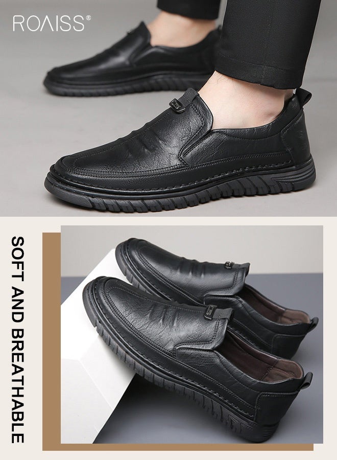 roaiss Men Business Casual Leather Shoes Non-slip Men's Driving Shoes Genuine Leather Shoes with Crocodile Pattern Slip-On Cowhide Soles Resistant Soft Sole Lace Free Design Black Outdoor Loafer Shoes - Image 5