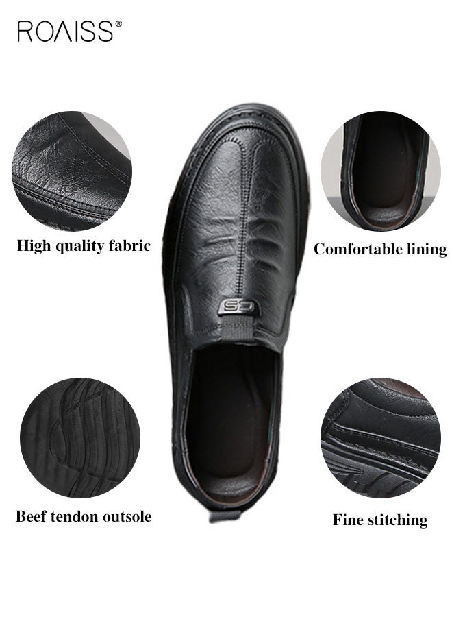 roaiss Men Business Casual Leather Shoes Non-slip Men's Driving Shoes Genuine Leather Shoes with Crocodile Pattern Slip-On Cowhide Soles Resistant Soft Sole Lace Free Design Black Outdoor Loafer Shoes - Image 4