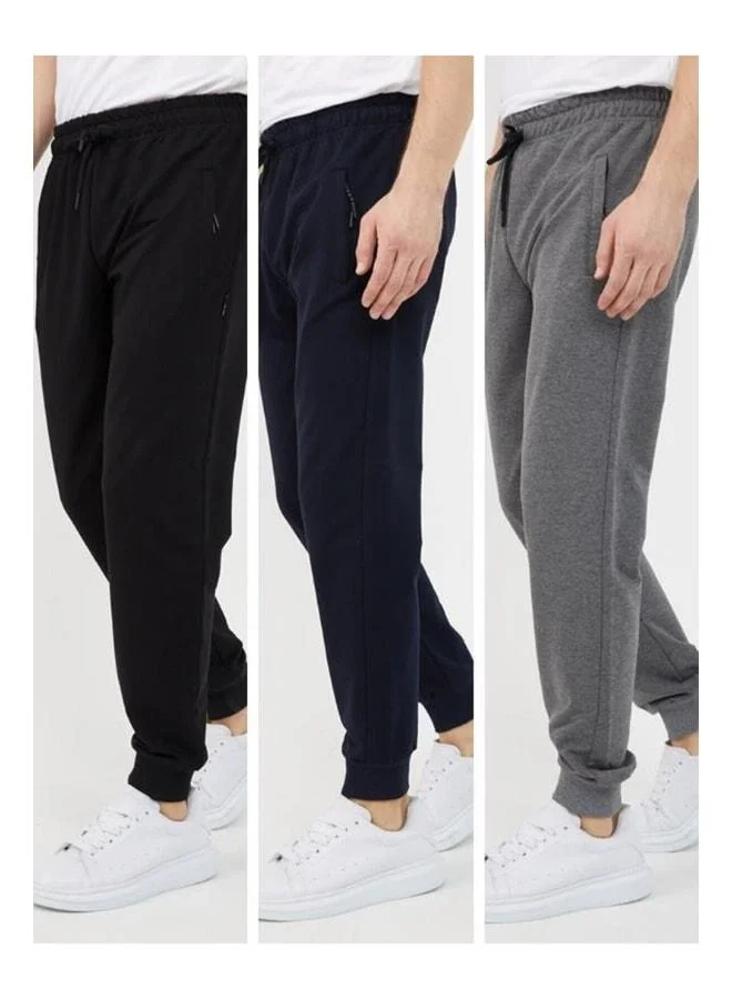 Mmetalic Black-Navy-Anthracite Men's Jogger Pants with Ribbed Pocket, Zipper Details, 3‑Piece Tracksuit Bottom.