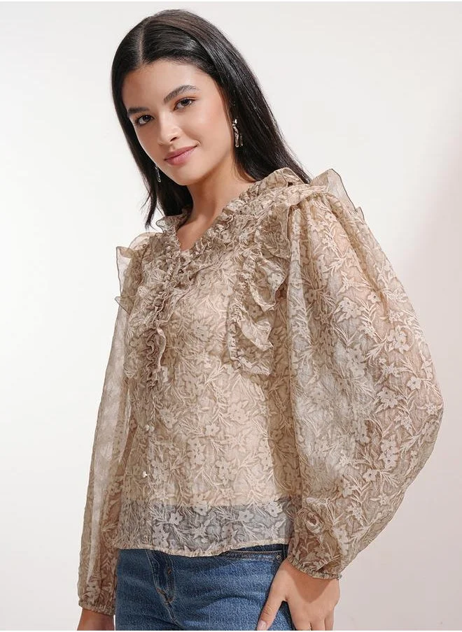 Tokyo Talkies Floral Print Ruffles Detail Balloon Sleeve Georgette Top by Styli