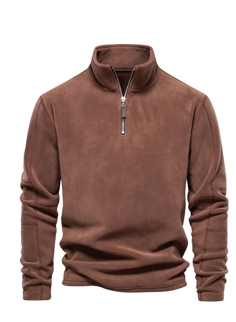 Loquat Men's Autumn And Winter Standing Collar Long Sleeved Hoodie Fleece Top  Brown  - Image 1