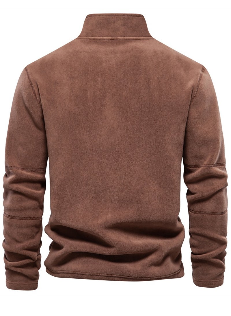 Loquat Men's Autumn And Winter Standing Collar Long Sleeved Hoodie Fleece Top  Brown  - Image 2