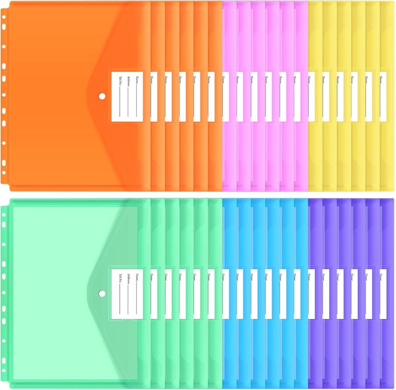 EOOUT 30pcs Binder Pocket, Binder Pockets for 3 Ring, Binder Folders, 11 Holes, Letter Size, Snap Button Pouch with Label for School, Home and Office - Image 1