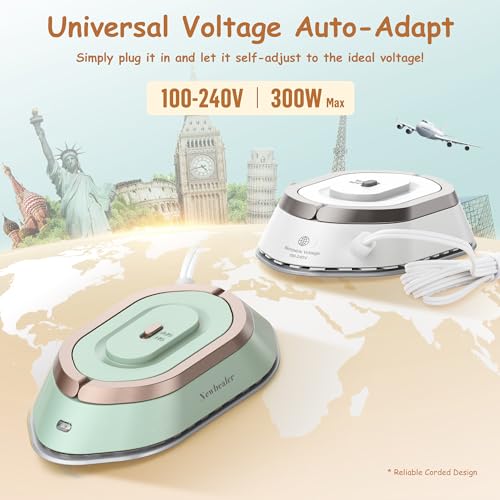Newbealer Travel Iron with Global Voltage, 100-240V Mini Dry Iron for Clothes (No Steam), Max 300W, 60s Heat Up, 302℉ Non-Stick Ceramic Soleplate, 0.8lbs Ultra-Lightweight (Green) - Image 3
