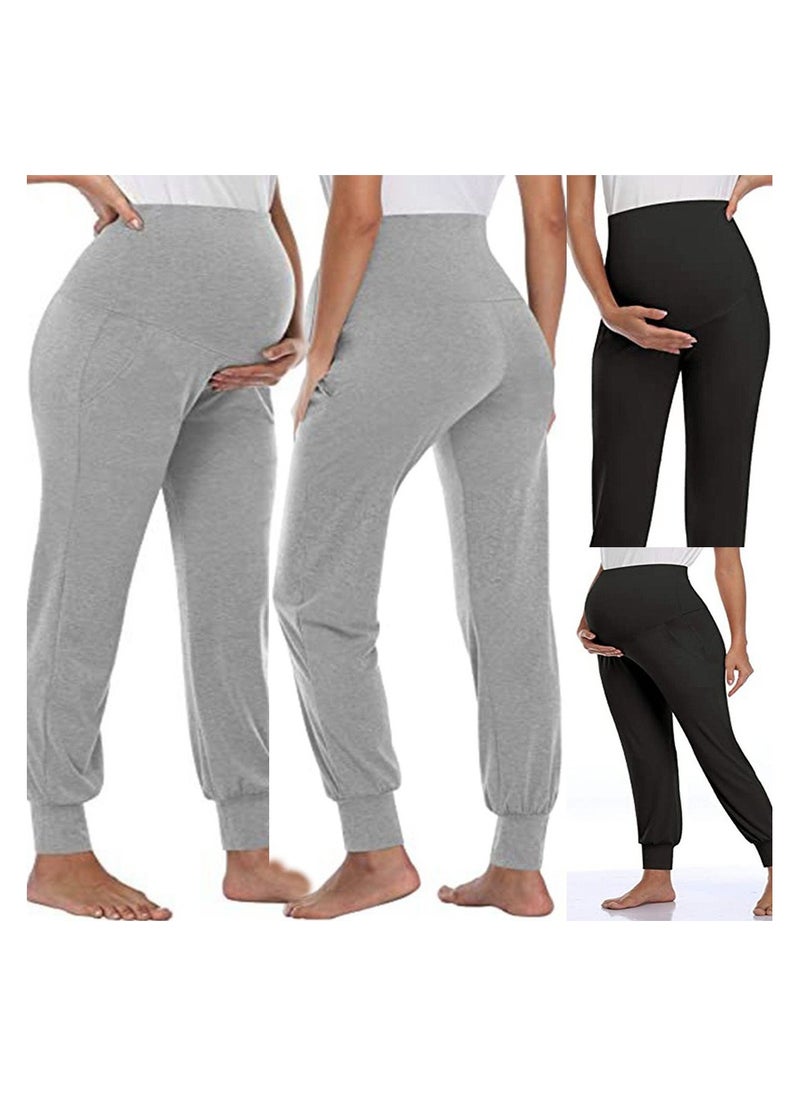 RedMapleTEK - 2-PACK Maternity Pants with Pockets/Stretchy Casual Workout Maternity Lounge Pants Pregnancy and Postpartum（Gray+Black） - Image 1