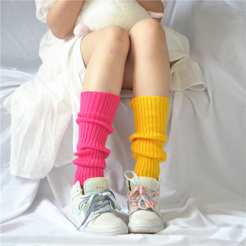 Yifan Autumn and Winter Warm Leg Protecting Hyun-a Korean Style Women's Fluorescent Candy-colored Knitted Sleeve Flat Needle Stacked Socks - Image 4