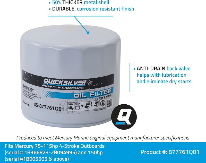 Quicksilver 877761Q01 Oil Filter for Select Mercury and Mariner 75-115hp Outboards and 150hp EFI 4-Stroke Outboards - Image 2