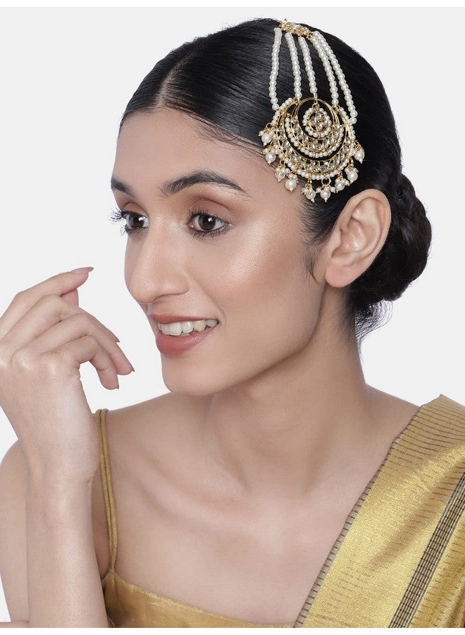 Peora Gold-Plated White Kundan Pearl Studded & Beaded Passa | Matha Patti Jewellery for Women & Girls - Image 2