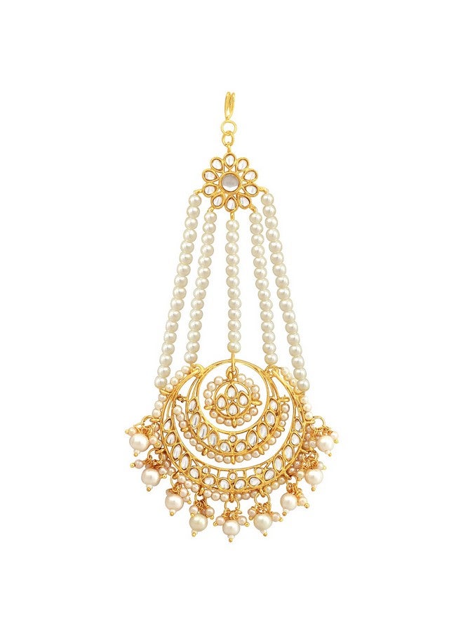 Peora Gold-Plated White Kundan Pearl Studded & Beaded Passa | Matha Patti Jewellery for Women & Girls - Image 3