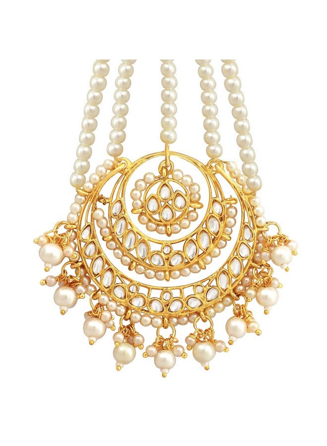 Peora Gold-Plated White Kundan Pearl Studded & Beaded Passa | Matha Patti Jewellery for Women & Girls - Image 1