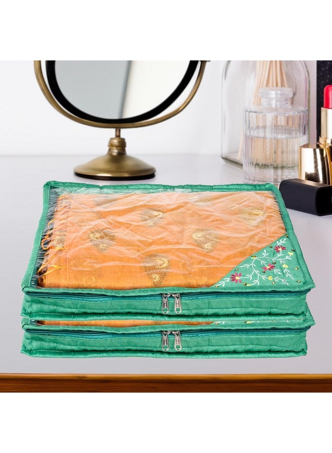 Kuber Industries Kuber Industries Saree Cover | Clothes Storage Bag | Suit Packing Cover | Cloth Stoarge Organizer | Cloth Wardrobe Storage Organiser with Zip | Side Embroidery-Design | 3 Inch | Pack of 9 | Green - Image 2