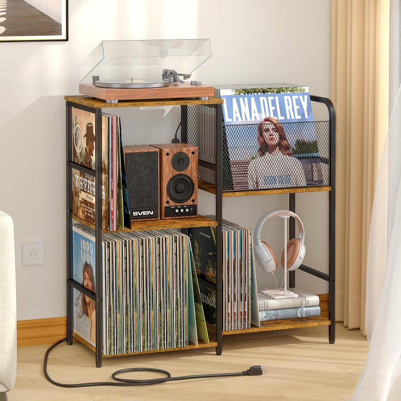 ThreeHio Record Player Stand with Power Outlets, Turntable Stand with Vinyl Storage Holds up to 300+ Albums, Storage Cabinet for Vinyl Records, Record Player Table with LED Light for Living Room - Image 1