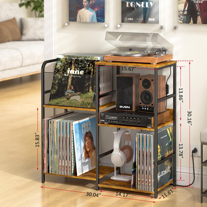 ThreeHio Record Player Stand with Power Outlets, Turntable Stand with Vinyl Storage Holds up to 300+ Albums, Storage Cabinet for Vinyl Records, Record Player Table with LED Light for Living Room - Image 3