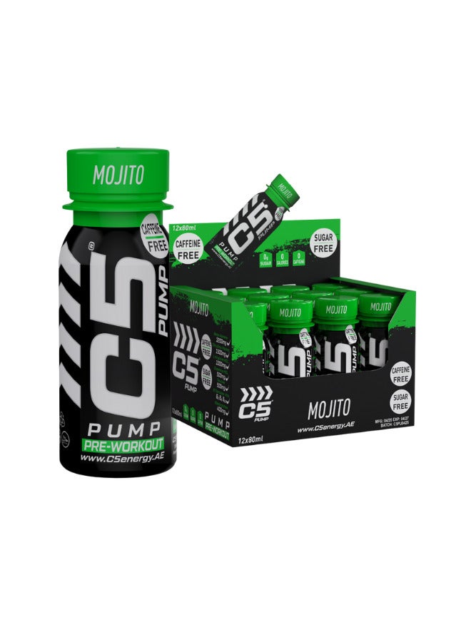 C5 C5 PUMP Shot Pre-Workout Energy Drink, Caffeine-Free, Sugar-Free, 80ml, With Beta-Alanine 3200mg, Citrulline 1500mg, B-Complex Vitamins (Pack of 12, Mojito Falvour)  - Image 1