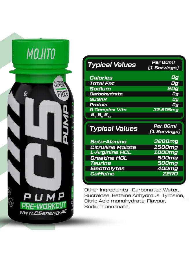 C5 C5 PUMP Shot Pre-Workout Energy Drink, Caffeine-Free, Sugar-Free, 80ml, With Beta-Alanine 3200mg, Citrulline 1500mg, B-Complex Vitamins (Pack of 12, Mojito Falvour)  - Image 2