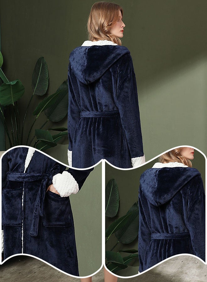 Hanayo Bath Robe Winter Nightgown Hooded Bathrobe for Women & Men Unisex Couple Bathrobe V Neck Long Sleeve Sleepwear Robe Spa Robe Unisex Couple Bathrobe Perfect for Everyday Use(Navy) - Image 5