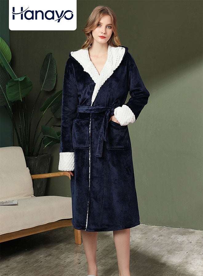 Hanayo Bath Robe Winter Nightgown Hooded Bathrobe for Women & Men Unisex Couple Bathrobe V Neck Long Sleeve Sleepwear Robe Spa Robe Unisex Couple Bathrobe Perfect for Everyday Use(Navy) - Image 1