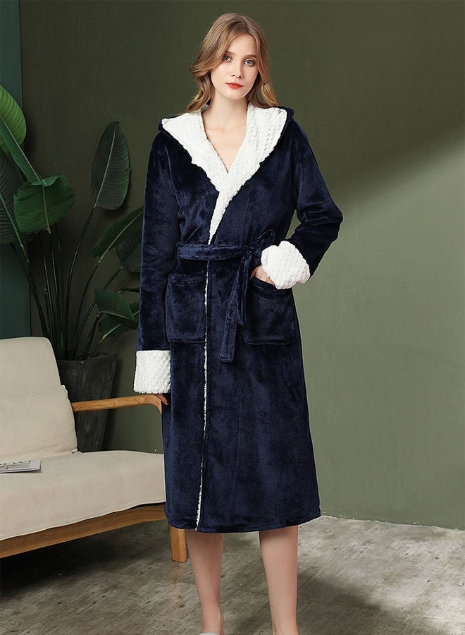 Hanayo Bath Robe Winter Nightgown Hooded Bathrobe for Women & Men Unisex Couple Bathrobe V Neck Long Sleeve Sleepwear Robe Spa Robe Unisex Couple Bathrobe Perfect for Everyday Use(Navy) - Image 3