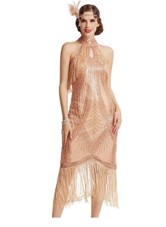 1920s Flapper Dress Long Fringed Gatsby Roaring 20s Sequins Beaded Vintage Art Deco Dress, M