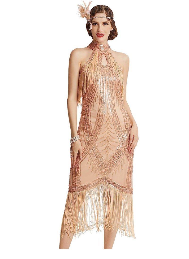 SYOSI - 1920s Flapper Dress Long Fringed Gatsby Roaring 20s Sequins Beaded Vintage Art Deco Dress, M - Image 1