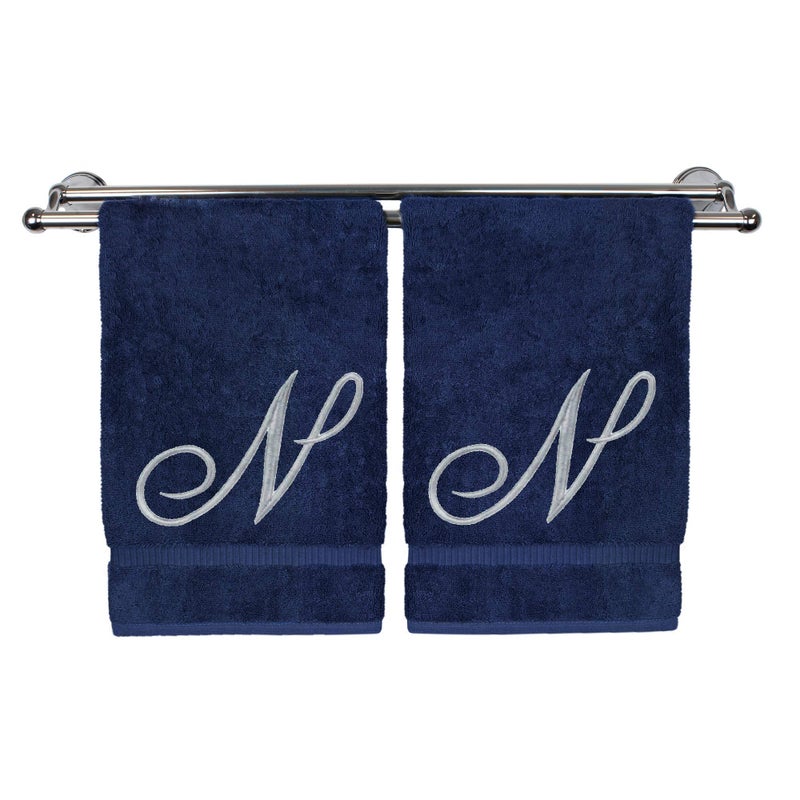BC BARE COTTON Monogrammed Hand Towel  Personalized Gift  16 x 30 Inches - Set of 2 - Silver Embroidered Towel - Extra Absorbent 100% Turkish Cotton- Soft Terry Finish - for Bathroom  Kitchen and Spa- Script N Navy - Image 2