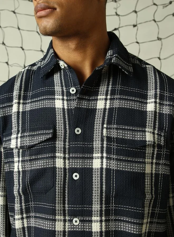 Hubberholme Navy Relaxed Fit Check Pattern Spread Collar Full Sleeve Button Closure Woven Shirt for Men, Everyday Casual