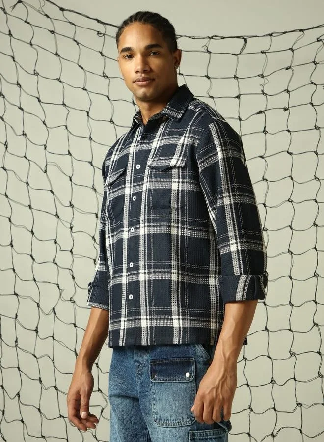 Hubberholme Navy Relaxed Fit Check Pattern Spread Collar Full Sleeve Button Closure Woven Shirt for Men, Everyday Casual