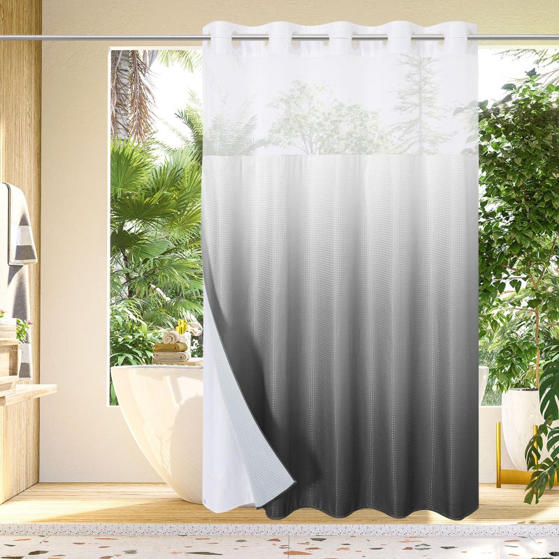 Gibelle No Hook Waffle Weave Shower Curtain with Snap-in Fabric Liner Set for Bathroom  Hotel Style with Mesh Top Window  Waterproof & Washable  Ombre Grey  72x74 - Image 1