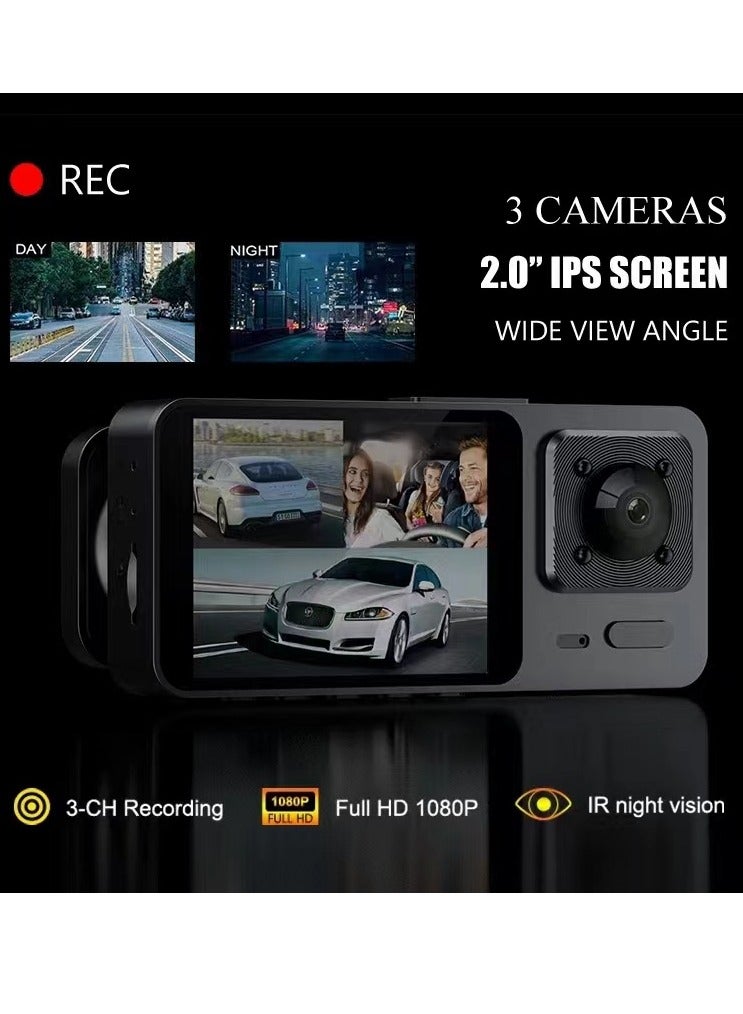 بريتوكتر مجموعة مسجل سرعة السيارة، كاميرا سيارة 1080P عالية الدقة بزاوية واسعة للرؤية الليلية ومسجل سرعة السيارة متعدد العدسات. (3 كاميرات في الأمام والخلف وداخل السيارة) - Image 2