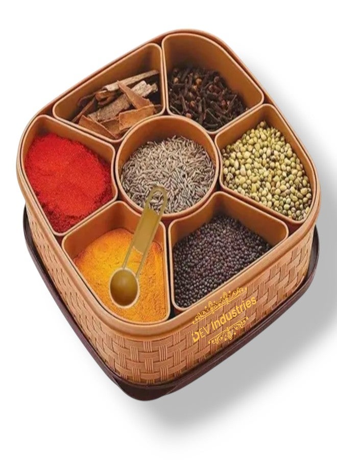 DEV INDUSTRIES Plastic Square 7 Sections Dry Fruit Saver Multipurpose Masala Rangoli Dabba Box Set, Spice Box Set - Brown - Image 1