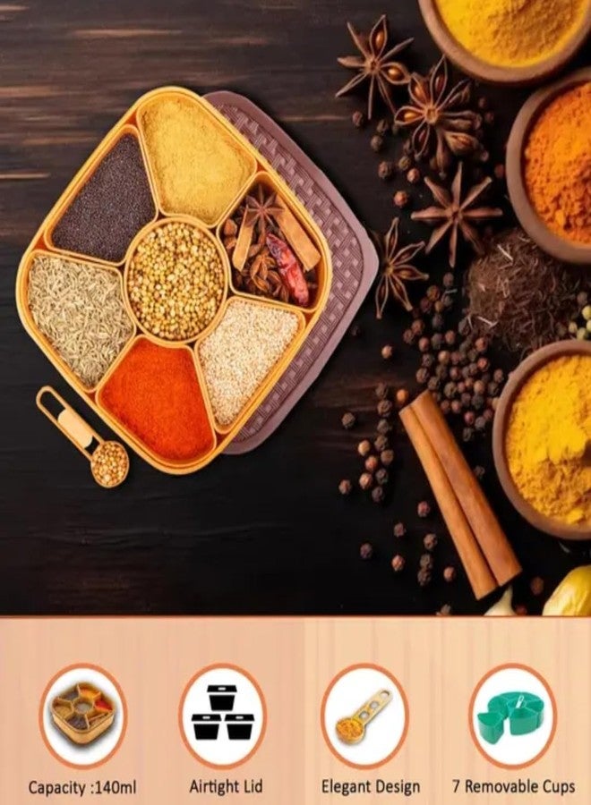 DEV INDUSTRIES Plastic Square 7 Sections Dry Fruit Saver Multipurpose Masala Rangoli Dabba Box Set, Spice Box Set - Brown - Image 5