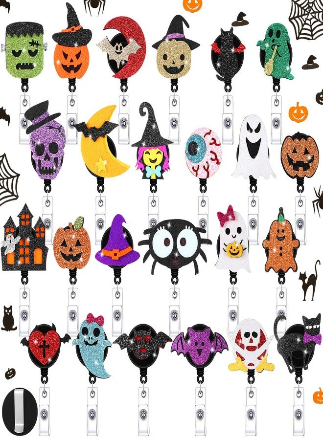 Tinlade 24 Pcs Halloween Badge Reels Retractable Felt Badge Holder with ID Name Clip Cute Ghost Fall Pumpkin Bat Skull Holiday Nurse Glitter Badges Reels for Nurse Doctor Teacher Students Gifts - Image 1