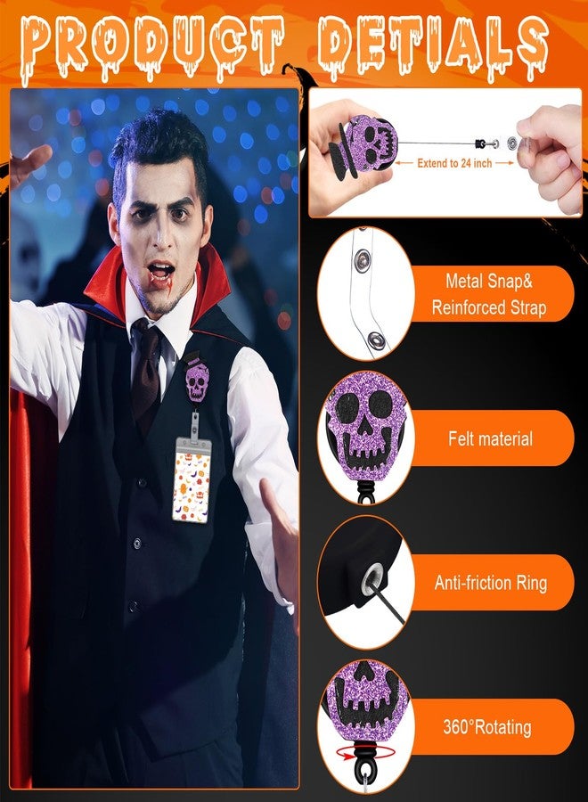 Tinlade 24 Pcs Halloween Badge Reels Retractable Felt Badge Holder with ID Name Clip Cute Ghost Fall Pumpkin Bat Skull Holiday Nurse Glitter Badges Reels for Nurse Doctor Teacher Students Gifts - Image 2