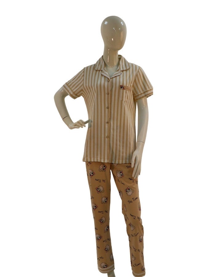 JOANNA JOANNA Women's Striped Design Button Down Short Sleeve With Pocket Shirt & Long Pants Pajama Set, Cream  - Image 1