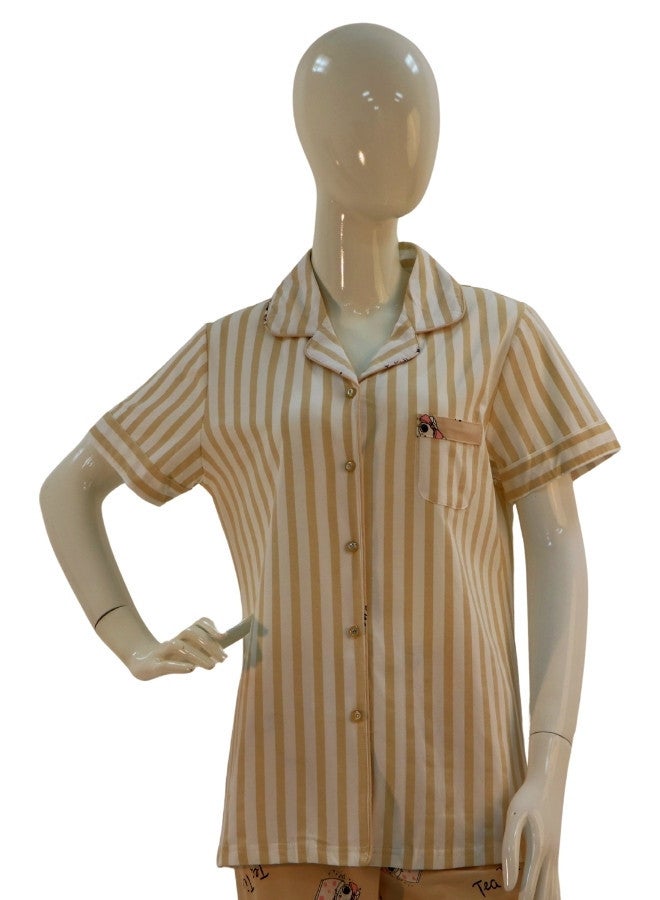 JOANNA JOANNA Women's Striped Design Button Down Short Sleeve With Pocket Shirt & Long Pants Pajama Set, Cream  - Image 2