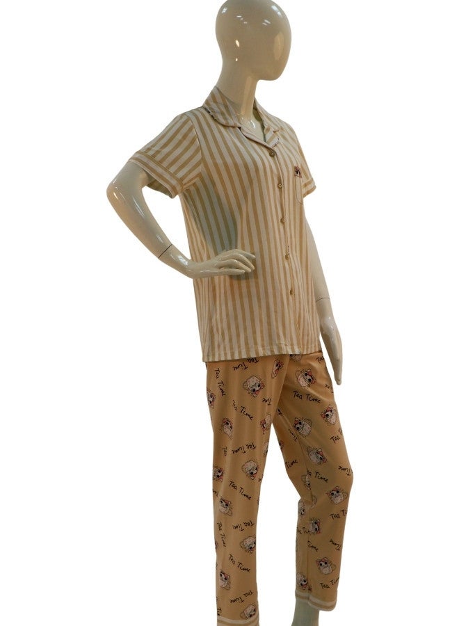 JOANNA JOANNA Women's Striped Design Button Down Short Sleeve With Pocket Shirt & Long Pants Pajama Set, Cream  - Image 4