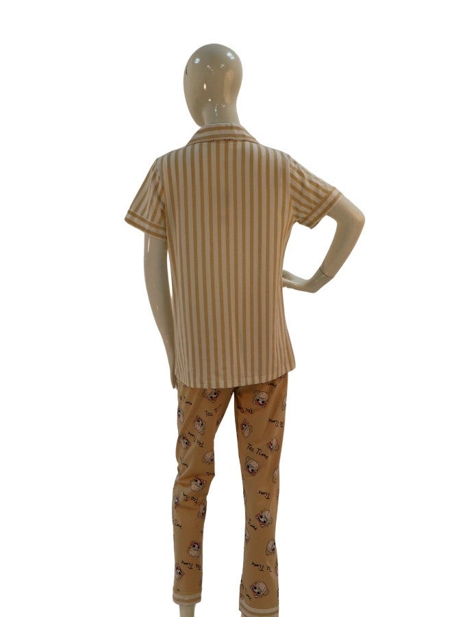 JOANNA JOANNA Women's Striped Design Button Down Short Sleeve With Pocket Shirt & Long Pants Pajama Set, Cream  - Image 5