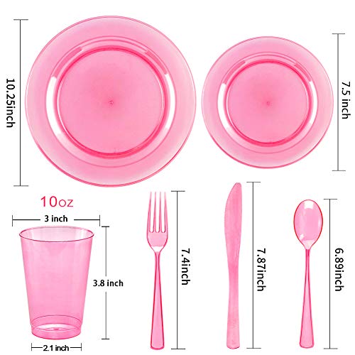 WDF 25 Guest Pink Plates with Pink Plastic Silverware&Pink Cups-Neon Clear Disposable Dinnerware include 50 Plates,25Forks, 25 Knives, 25 Spoons,25 Plastic Cups for Party and Baby Shower - Image 2