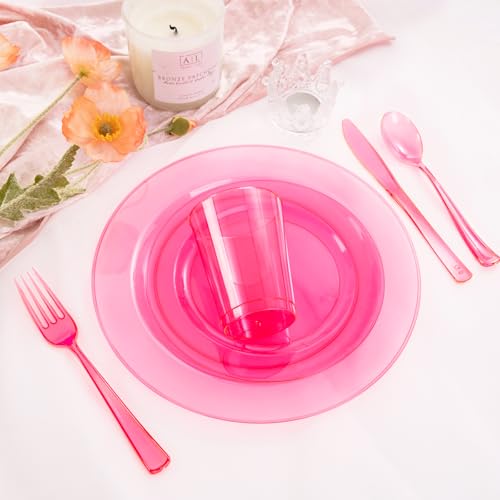 WDF 25 Guest Pink Plates with Pink Plastic Silverware&Pink Cups-Neon Clear Disposable Dinnerware include 50 Plates,25Forks, 25 Knives, 25 Spoons,25 Plastic Cups for Party and Baby Shower - Image 3