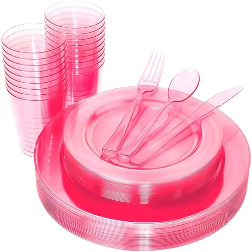 WDF 25 Guest Pink Plates with Pink Plastic Silverware&Pink Cups-Neon Clear Disposable Dinnerware include 50 Plates,25Forks, 25 Knives, 25 Spoons,25 Plastic Cups for Party and Baby Shower - Image 1