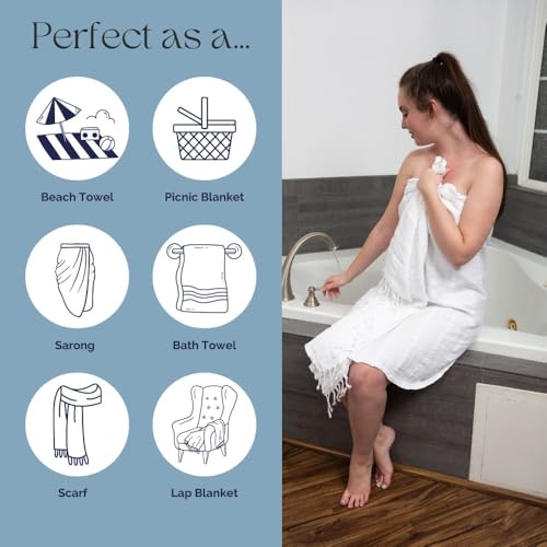 InfuseZen Stonewashed Turkish Bath & Beach Towel –100% Organic Turkish Cotton - Soft, Lightweight, Absorbent - Quick Dry, Sand Free - Pool, Shower, Travel - Peshtemal, Hammam Spa Towel - Off White - Image 5