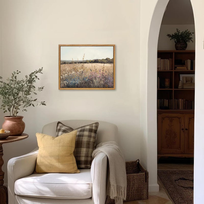 KBKBART Framed Vintage Wall Art Prints, Retro European Country Autumn Wildflower Field Landscape Canvas Painting Farmhouse Decor - Image 3