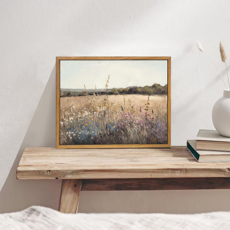 KBKBART Framed Vintage Wall Art Prints, Retro European Country Autumn Wildflower Field Landscape Canvas Painting Farmhouse Decor - Image 2