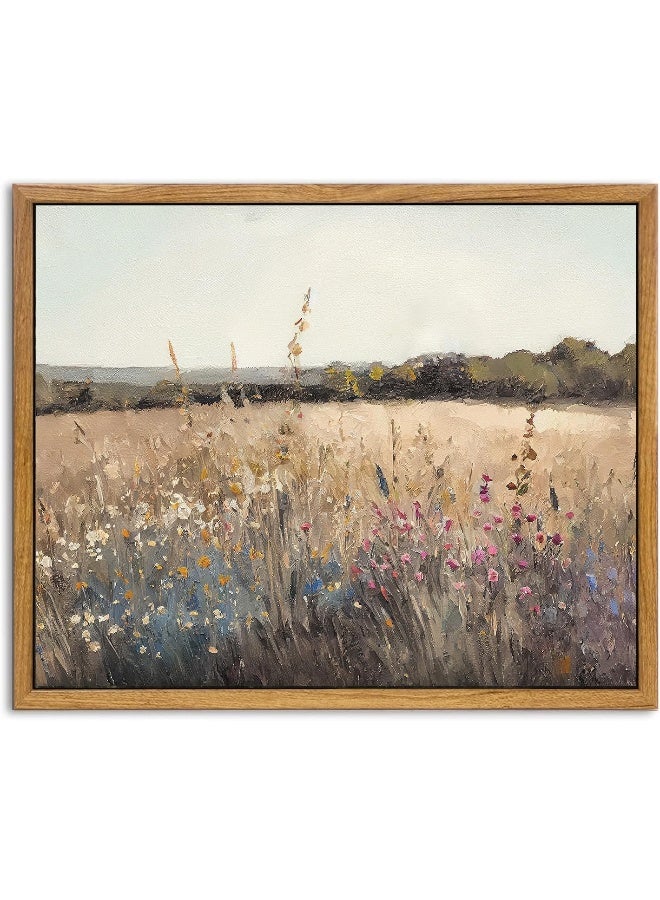 KBKBART Framed Vintage Wall Art Prints, Retro European Country Autumn Wildflower Field Landscape Canvas Painting Farmhouse Decor - Image 1