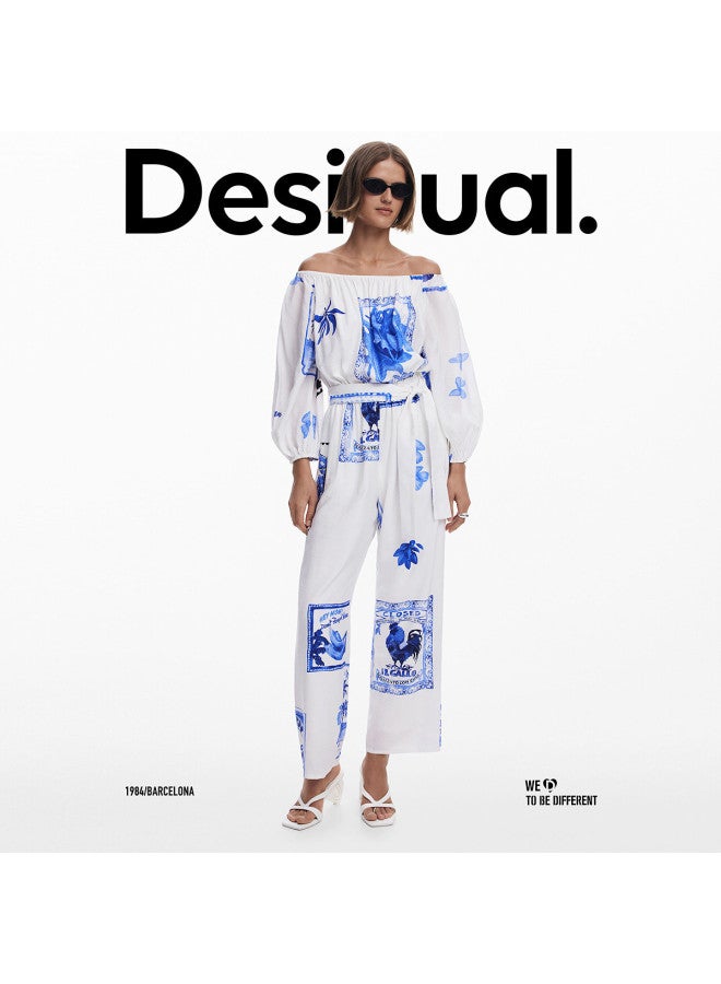 DESIGUAL ss25 New Collection Hand-painted Print Off-shoulder Belted Waist Jumpsuit - Image 3