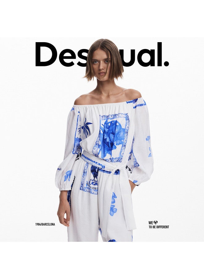 DESIGUAL ss25 New Collection Hand-painted Print Off-shoulder Belted Waist Jumpsuit - Image 4