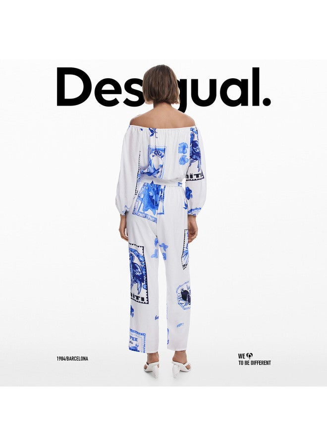 DESIGUAL ss25 New Collection Hand-painted Print Off-shoulder Belted Waist Jumpsuit - Image 5