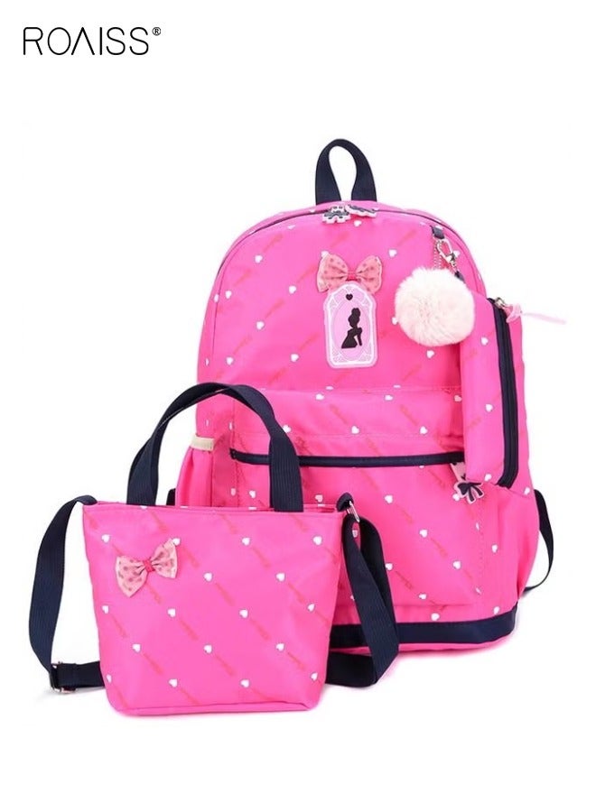 roaiss 3pcs Heart and Bowknot Printed Graphic Cute Functional Backpack Set Schoolbag and Shoulder Bag and Pencil Case with Doll Pendant for Kids/Girls Hot Pink  - Image 1