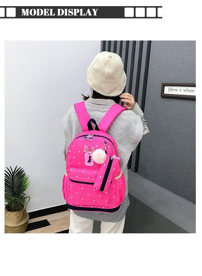 roaiss 3pcs Heart and Bowknot Printed Graphic Cute Functional Backpack Set Schoolbag and Shoulder Bag and Pencil Case with Doll Pendant for Kids/Girls Hot Pink  - Image 5