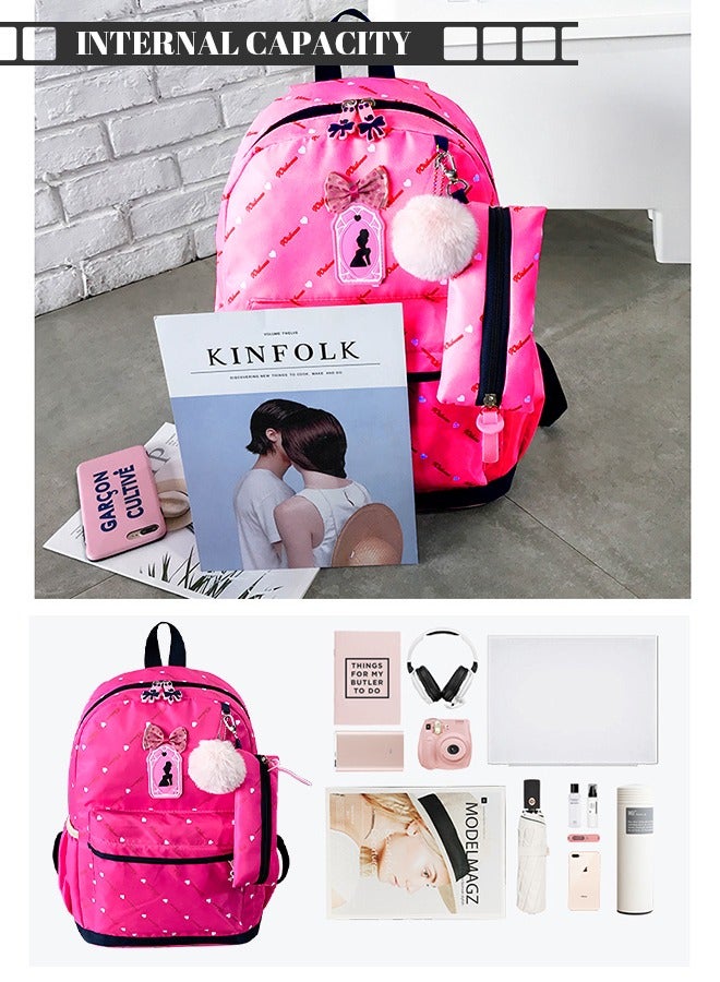 roaiss 3pcs Heart and Bowknot Printed Graphic Cute Functional Backpack Set Schoolbag and Shoulder Bag and Pencil Case with Doll Pendant for Kids/Girls Hot Pink  - Image 2